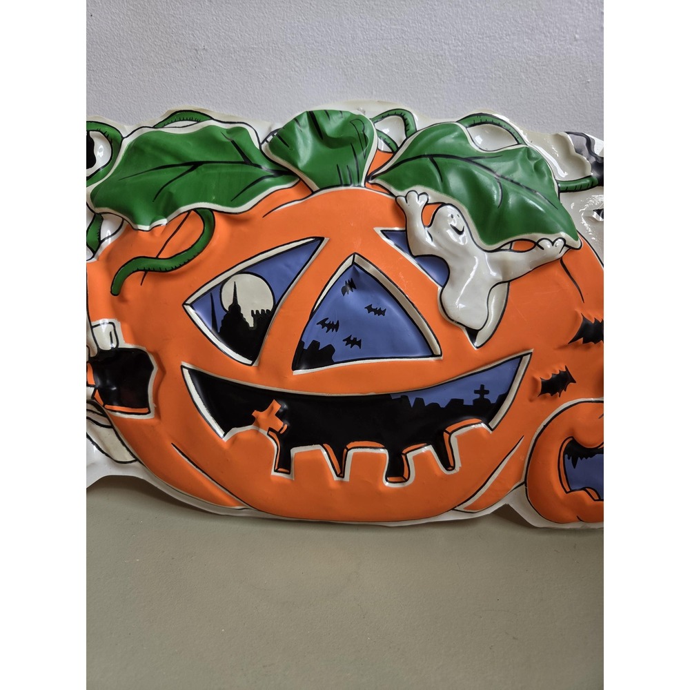 Vintage Halloween Jack O Lantern Ghost Wall Decor Molded Plastic 21"